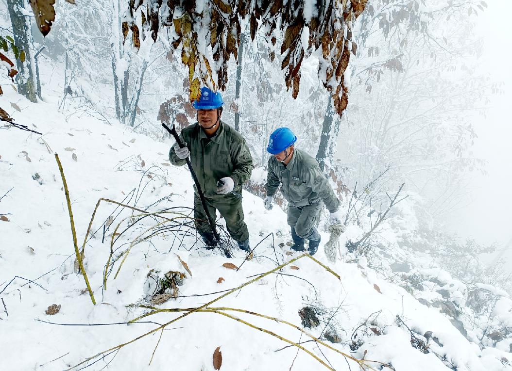 國網(wǎng)鄖西縣供電公司雪后特巡山區(qū)易覆冰線路